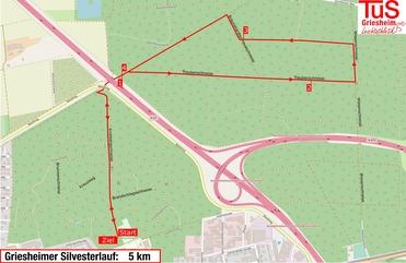 Kartenansicht des Griesheimer Silvesterlaufs mit markiertem 5-km-Streckenverlauf und Start-Ziel-Punkt.