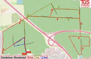 Karte des Griesheimer Silvesterlaufs mit Routen für 10 km, 5 km und 1,2 km, markiert durch verschiedene Wege und Ziele.