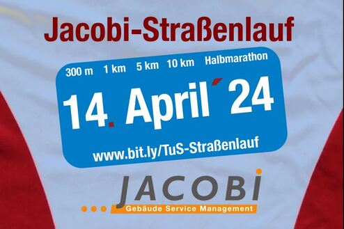 Plakat zum 51. Griesheimer Jacobi-Straßenlauf am 14. April 2024 mit Info zu Streckenlängen und Sponsoren.