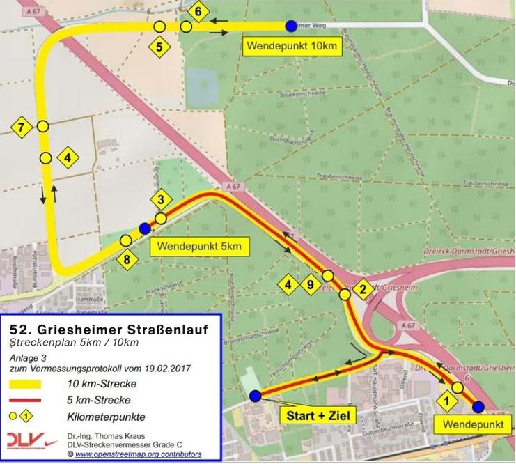 Streckenplan für den 52. Griesheimer Straßenlauf mit markierten Wendepunkten für 5 km und 10 km.