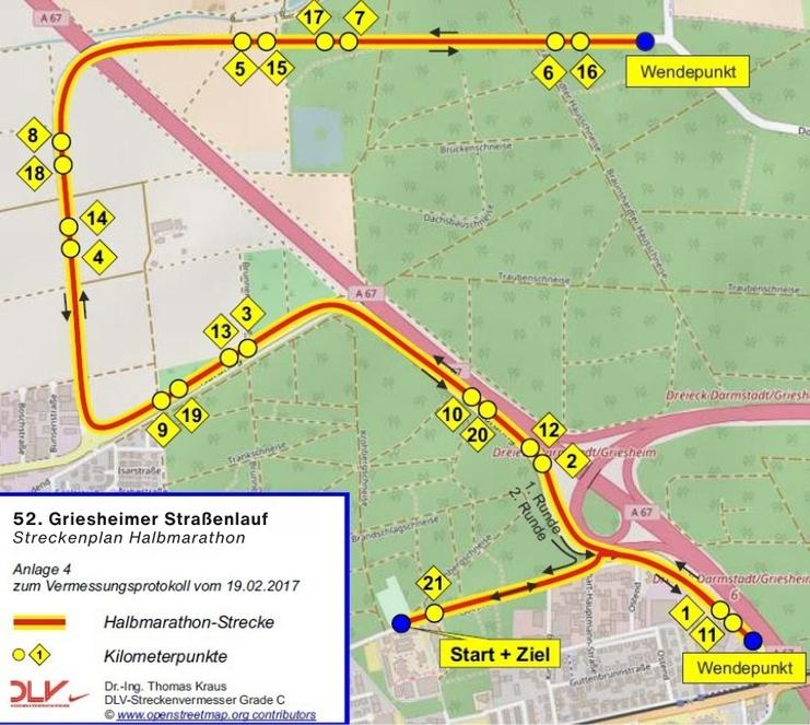 Kartenansicht des 52. Griesheimer Straßenlaufs mit Halbmarthonstrecke und Kilometerpunkten markiert.