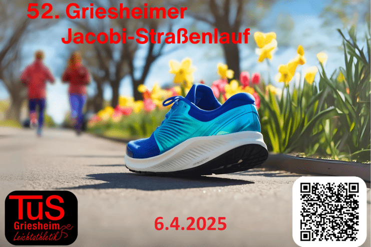 Laufschuh in Blau und T&uuml;rkis liegt auf einem B&uuml;rgersteig, umgeben von bunten Blumen und joggenden Personen im Hintergrund.