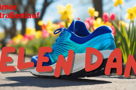 Laufschuh auf sonnigem Weg mit frühlingshaften Blumen im Hintergrund und Hinweis auf den 52. Griesheimer Jacobi-Straßenlauf.
