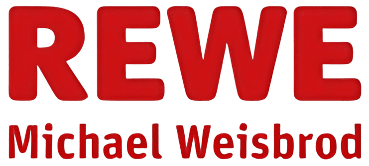 Logo von REWE mit dem Namen Michael Weisbrod in roter Schrift auf hellem Hintergrund.