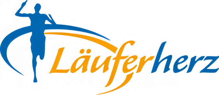 Logo von Läuferherz mit stilisierter Laufbewegung in Blau und Orange auf schwarzem Hintergrund.