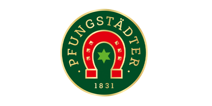 Logo der Pfungstädter Brauerei mit rotem Hufeisen, grünem Hintergrund und Schriftzug „PFUNGSTÄDTER 1831“.