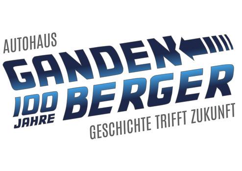 Logo des Autohauses Gandenberger: "100 Jahre - Geschichte trifft Zukunft" in blauer und grauer Schrift.
