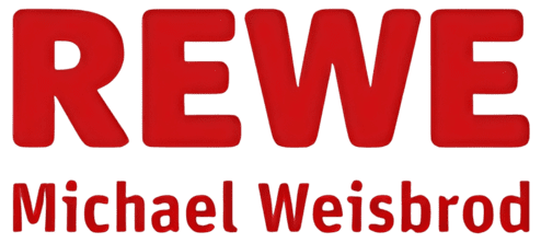 Logo von REWE mit dem Namen Michael Weisbrod in roter Schrift auf hellem Hintergrund.