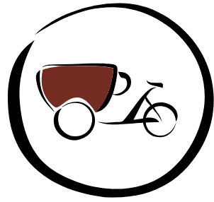 Logo eines Fahrrads mit integrierter Kaffeetasse in braunem Design auf weißem Hintergrund.