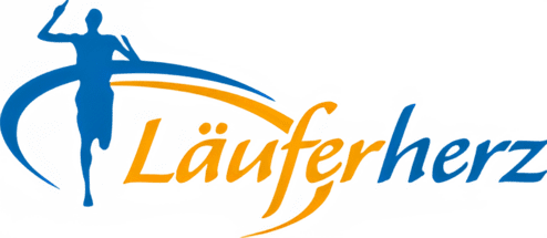 Logo von Läuferherz mit stilisierter Laufbewegung in Blau und Orange auf schwarzem Hintergrund.