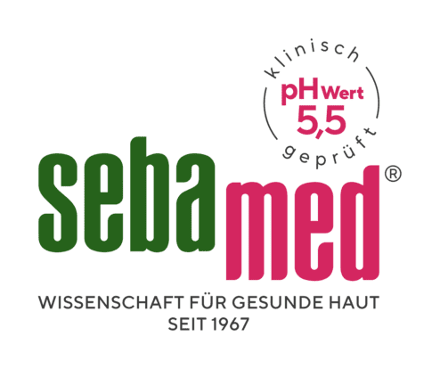 Logo von Sebamed mit dem Hinweis auf pH-Wert 5,5 und dem Slogan „Wissenschaft für gesunde Haut seit 1967“.
