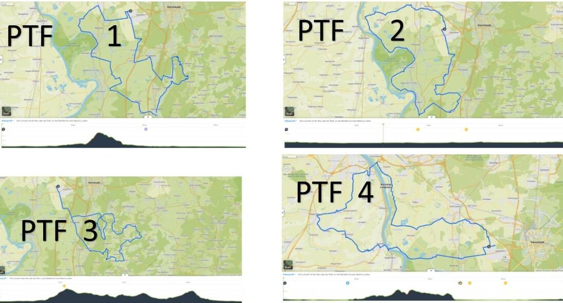 Vier Kartenbilder mit blauen Routenlinien, beschriftet als PTF 1 bis PTF 4, auf einem Landschaftshintergrund.