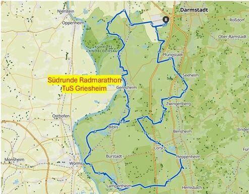 Karte des Südrunde Radmarathons von TuS Griesheim mit eingezeichnetem Streckenverlauf und Ortsnamen.