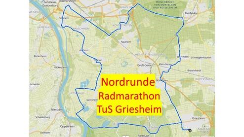 Karte der Nordrunde des Radmarathons TuS Griesheim mit blauer Routenmarkierung und beigefügtem Text.