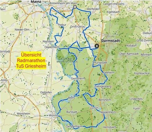 Karte des Radmarathons der TuS Griesheim mit markierter Route und Übersicht der angrenzenden Städte.