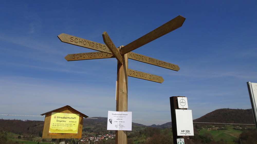 Wegweiser mit mehreren Richtungsanzeigen zu Schönberg, Knoden, Gronau und Lehrpfad, vor einem blauen Himmel.