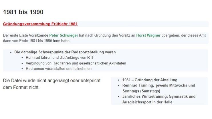 Inhalt einer Webseite über die Gründung einer Radsportabteilung, inklusive Daten und Aktivitäten von 1981 bis 1990.