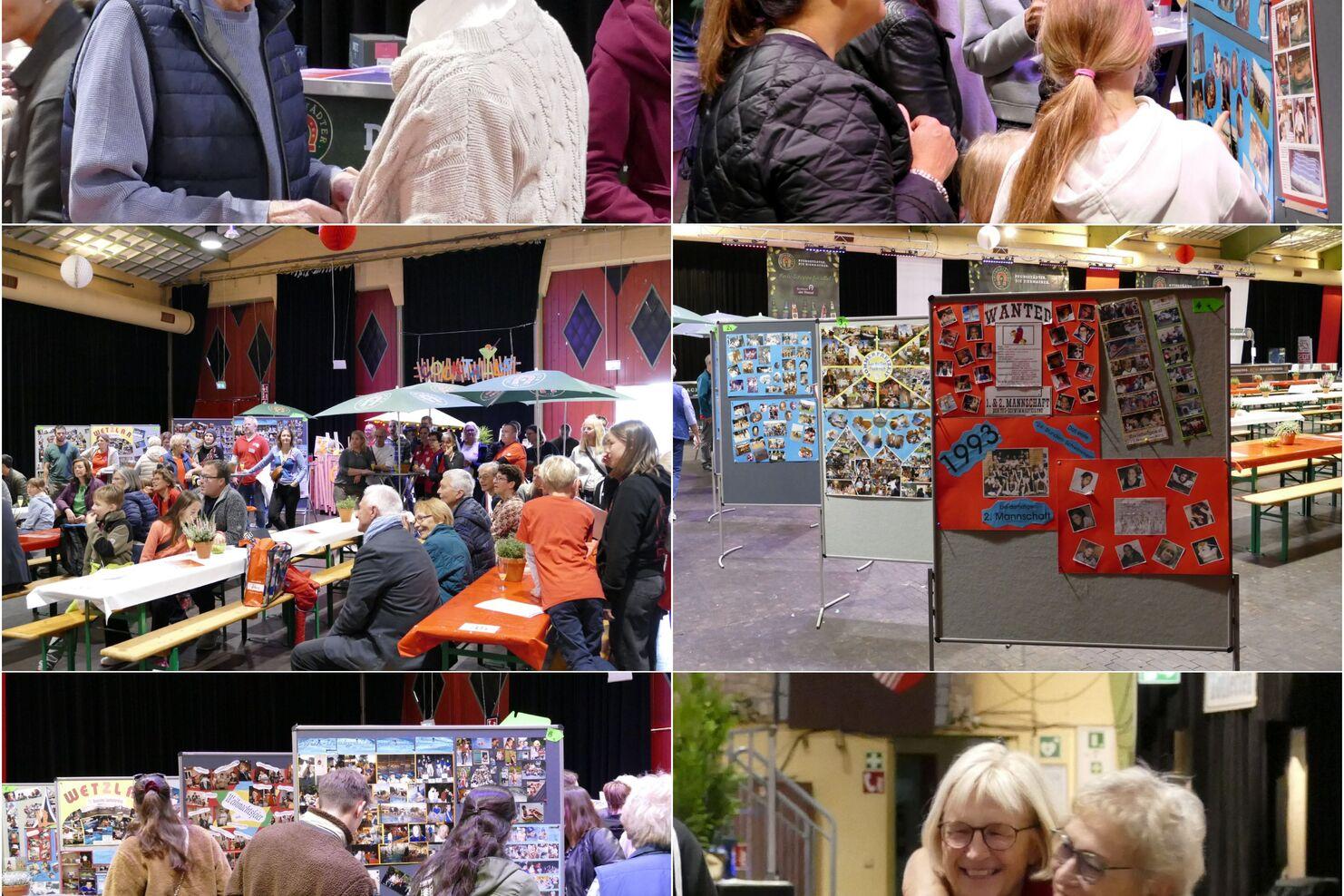 Menschen unterhalten sich und betrachten Ausstellungen bei einer Veranstaltung in einer großen Halle mit Festzeltatmosphäre.