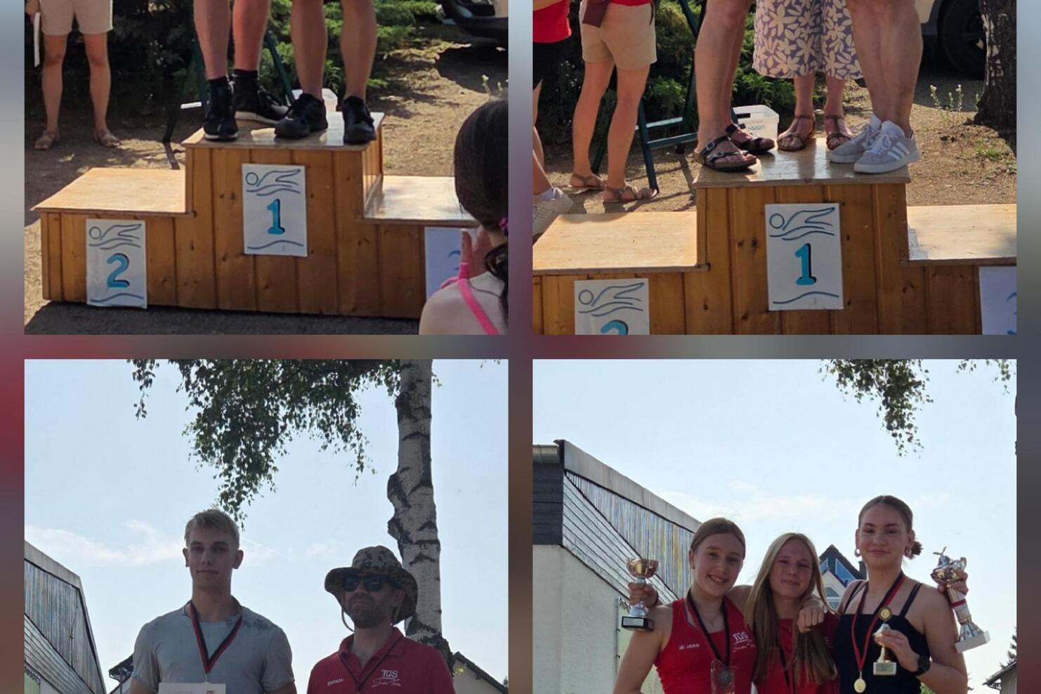 Mehrere Personen stehen auf Treppchen bei einer Siegerehrung im Freien, einige halten Trophäen und Urkunden.