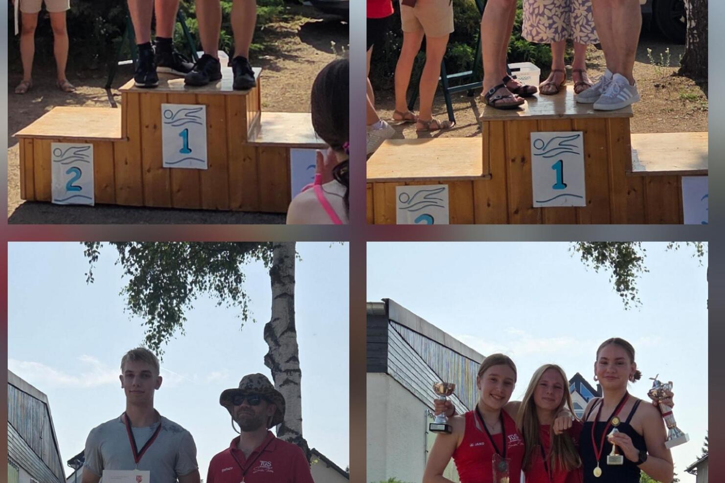 Mehrere Personen stehen auf Treppchen bei einer Siegerehrung im Freien, einige halten Trophäen und Urkunden.