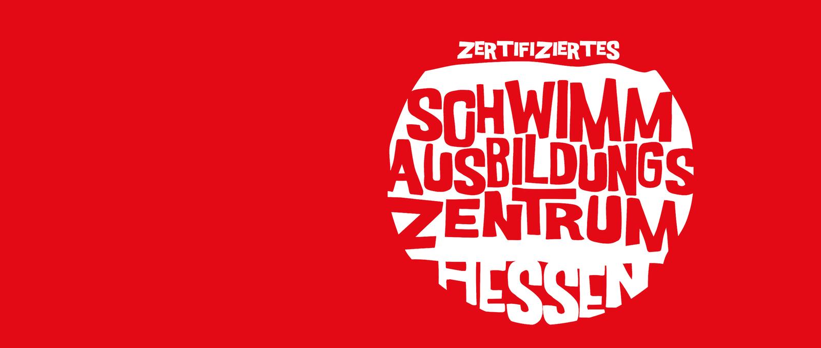 Logo des Schwimmausbildungszentrums Hessen auf rotem Hintergrund mit kreativ angeordneter Schrift.