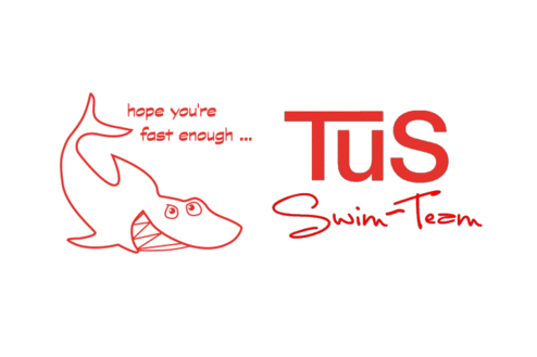 Logo des TuS Swim-Teams mit einem Cartoon-Hai und dem Text "hope you're fast enough ..." in roter Schrift.