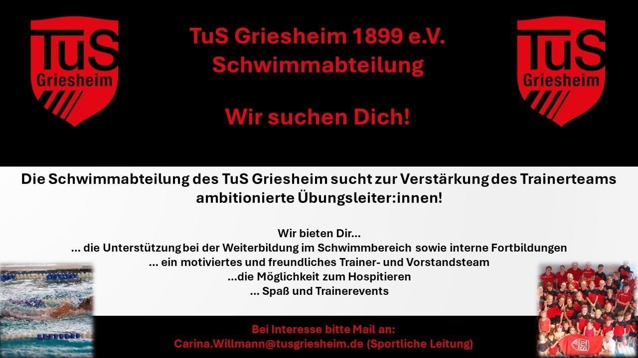 Banner der Schwimmabteilung TuS Griesheim, der nach neuen Übungsleitern sucht, mit Informationen zu Angeboten und Kontakt.