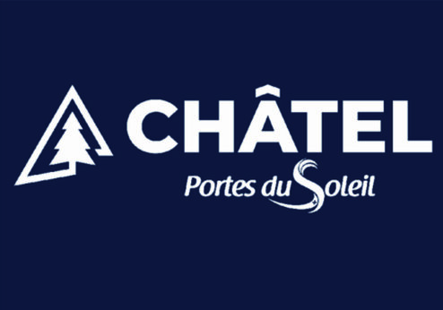 Logo von Châtel, einem Skigebiet, mit stilisierter Tanne und dem Schriftzug „Portes du Soleil“ in Weiß auf dunkelblauem Hintergrund.