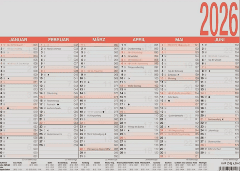 Kalender&uuml;bersicht f&uuml;r 2026 mit Monaten, Tagen und Feiertagen in orange und rosa farblich markiert.