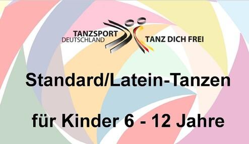 Banner mit dem Text: "Standard/Latine-Tanzen f&uuml;r Kinder 6 - 12 Jahre" und bunten Hintergrundmustern.