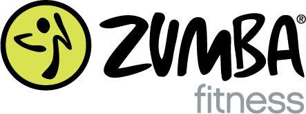 Logo von Zumba Fitness mit einem stilisierten tanzenden Menschen in einem gelben Kreis und dem Schriftzug „Zumba fitness“ in Schwarz und Grau.