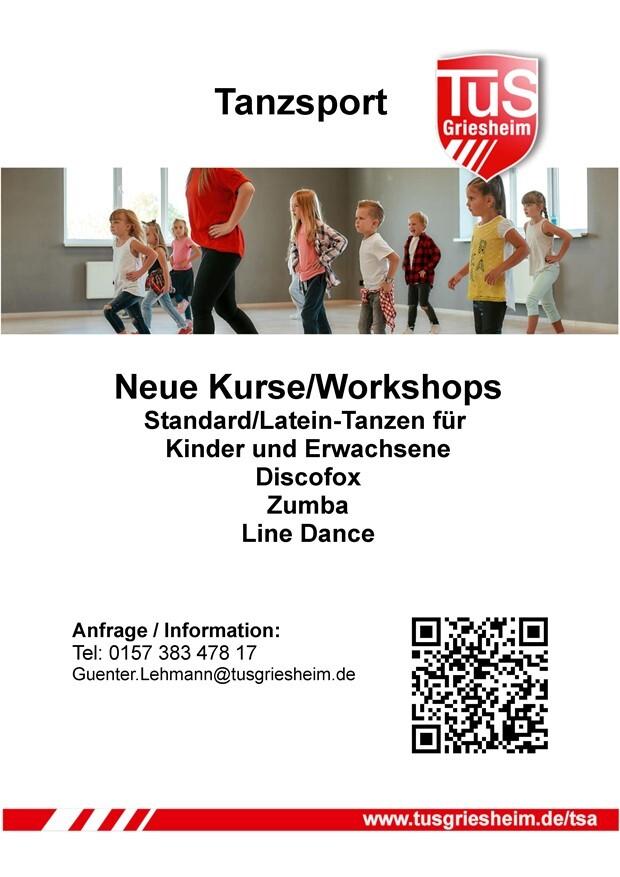 Tanzkurs-Ankündigung mit Kindern, die tanzen, sowie Informationen zu neuen Workshops und Kontaktdaten.