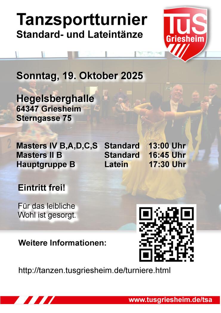 Plakat für das Tanzsportturnier am 19. Oktober 2025 in der Hegelsberghalle Griesheim mit Zeitplan und Informationen.