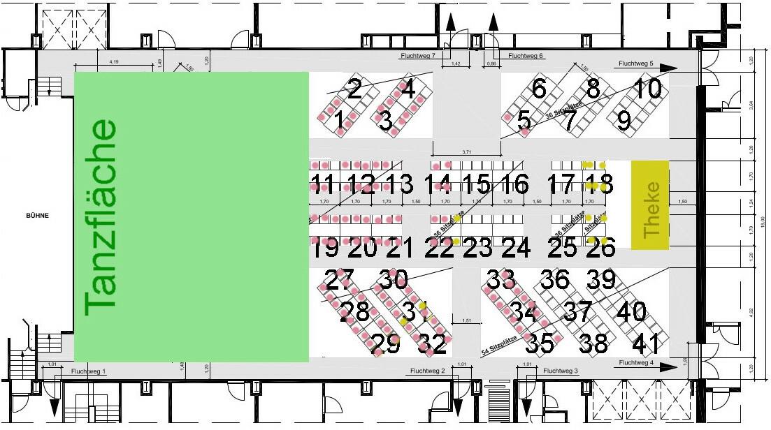 Schematische Darstellung eines Veranstaltungsraums mit tanzfläche, Sitzplätzen und einer Theke.