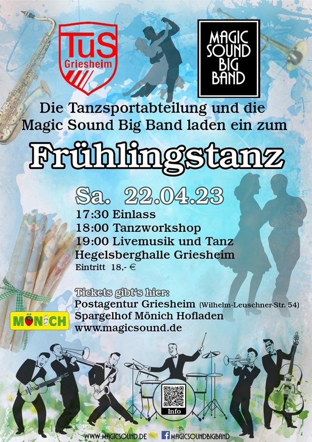 Plakat für den Frühlingstanz mit Programminformationen und Logos von TuS Griesheim und Magic Sound Big Band.