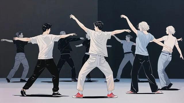 Eine Gruppe junger Menschen tanzt synchron in einer stilisierten, schattierten Umgebung.