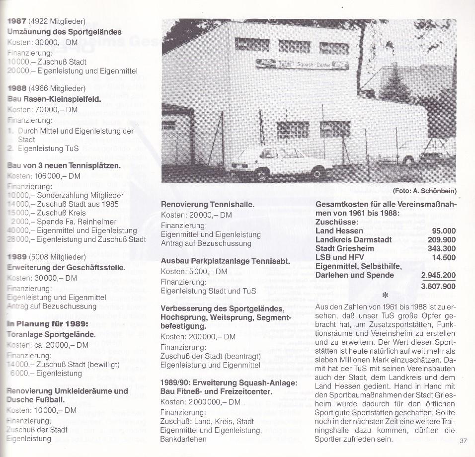 Schwarz-weiß-Foto eines Vereinsgebäudes mit Autos, umgeben von Bäumen, abgebildet in einem Dokument über Vereinsfinanzierung.