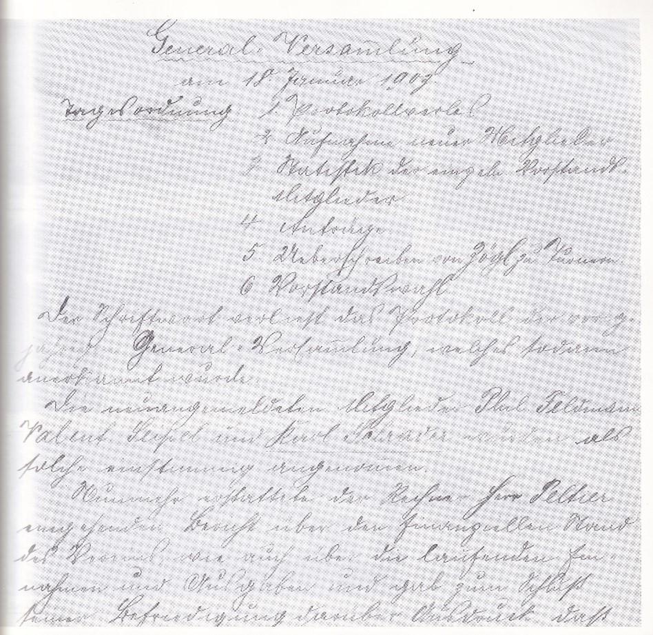 Handschriftliches Protokoll einer Versammlung vom 18. Januar 1907 auf kariertem Papier.