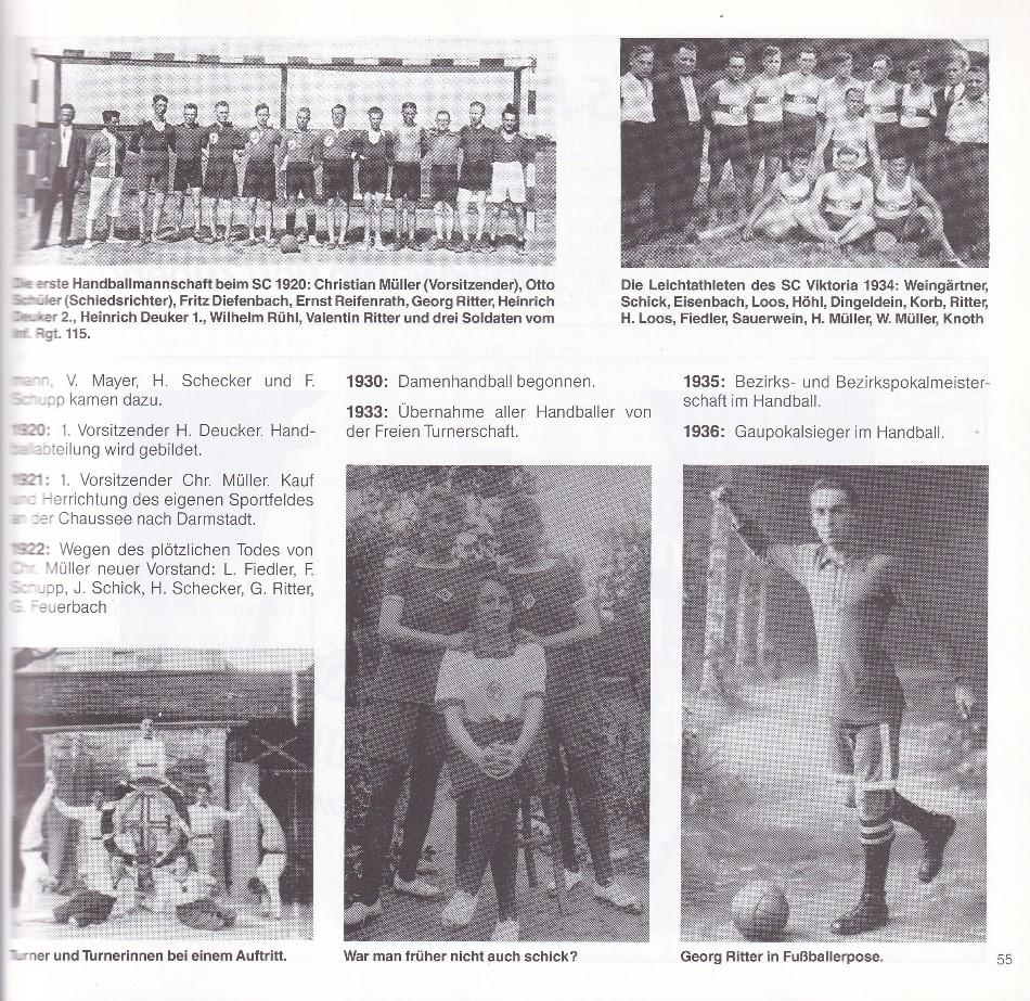 Historische Bilder von Handball- und Fußballmannschaften, mit Spielern in verschiedenen Posen und Aktivitäten.