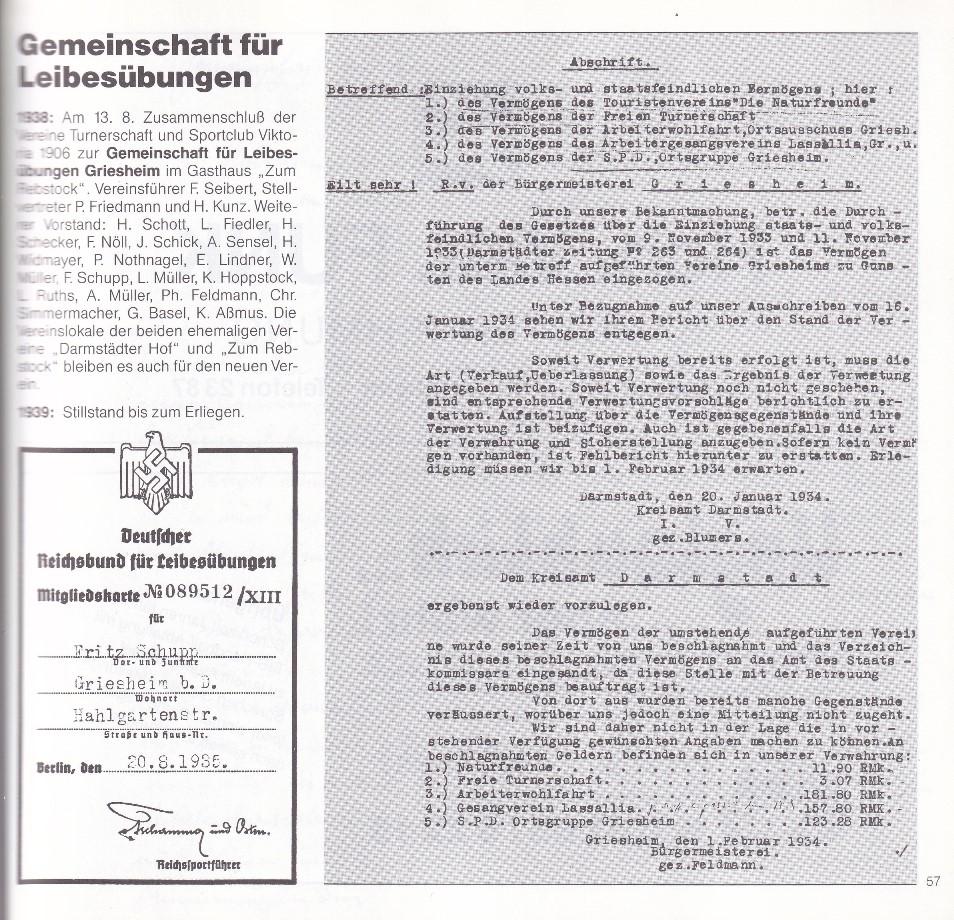Dokument mit Vereinsinformationen der Gemeinschaft für Leibesübungen Griesheim, inklusive Mitgliedskarte von 1934.