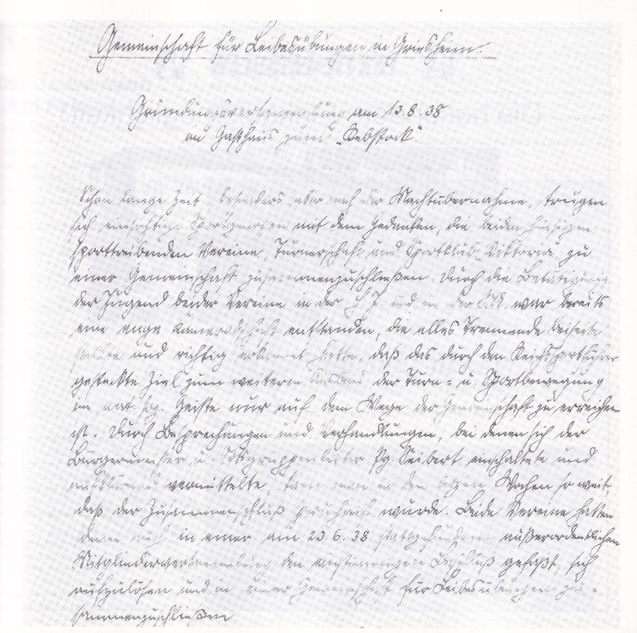 Handgeschriebener Text auf einem karierten Blatt Papier, verfasst am 13. August 1938, mit historischen Inhalten.