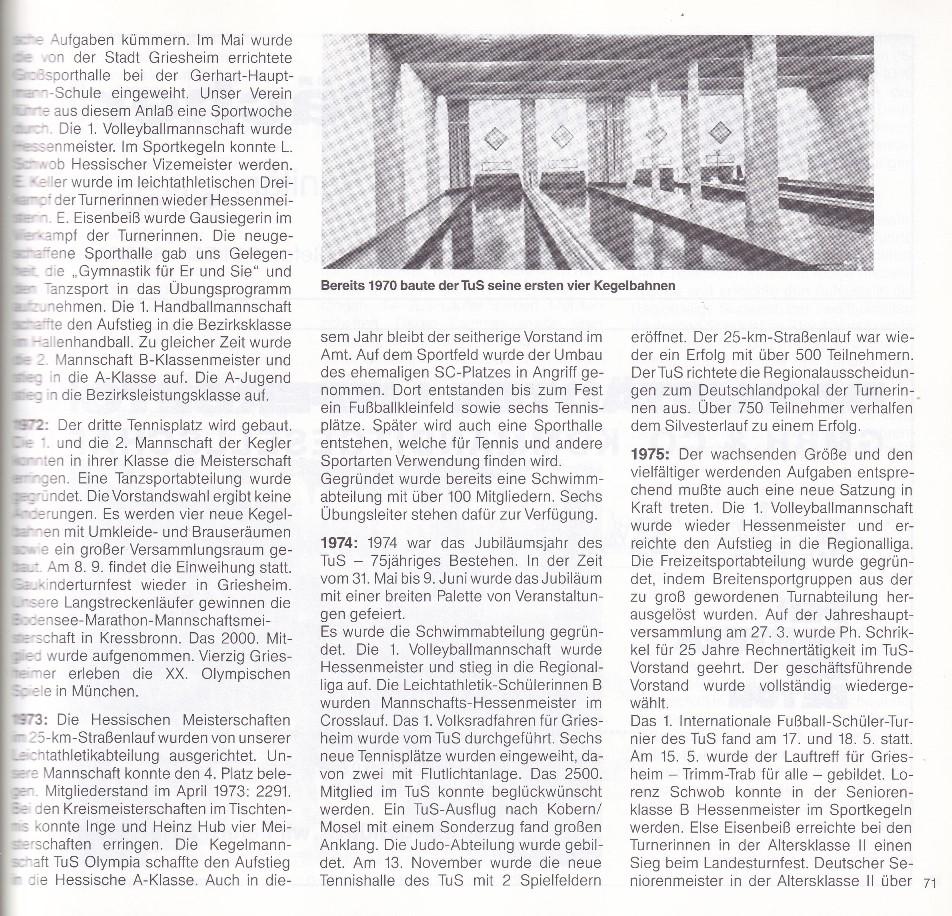 Historisches Dokument über die Entwicklung des Sportvereins TuS mit Informationen zu Kegelbahnen, Turnen und Tennistraining.