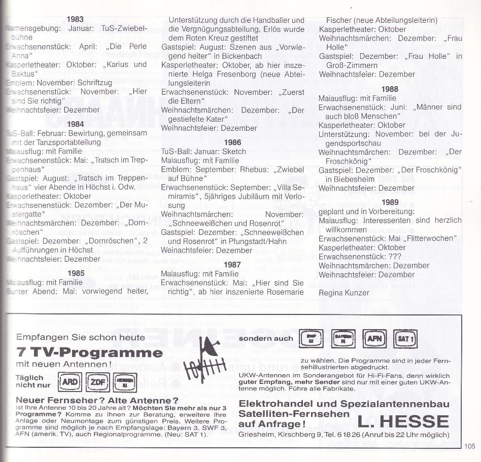 Inhalt eines Programms mit Veranstaltungen, Aufführungen und Familienaktivitäten von 1983 bis 1989 in verschiedenen Monaten.