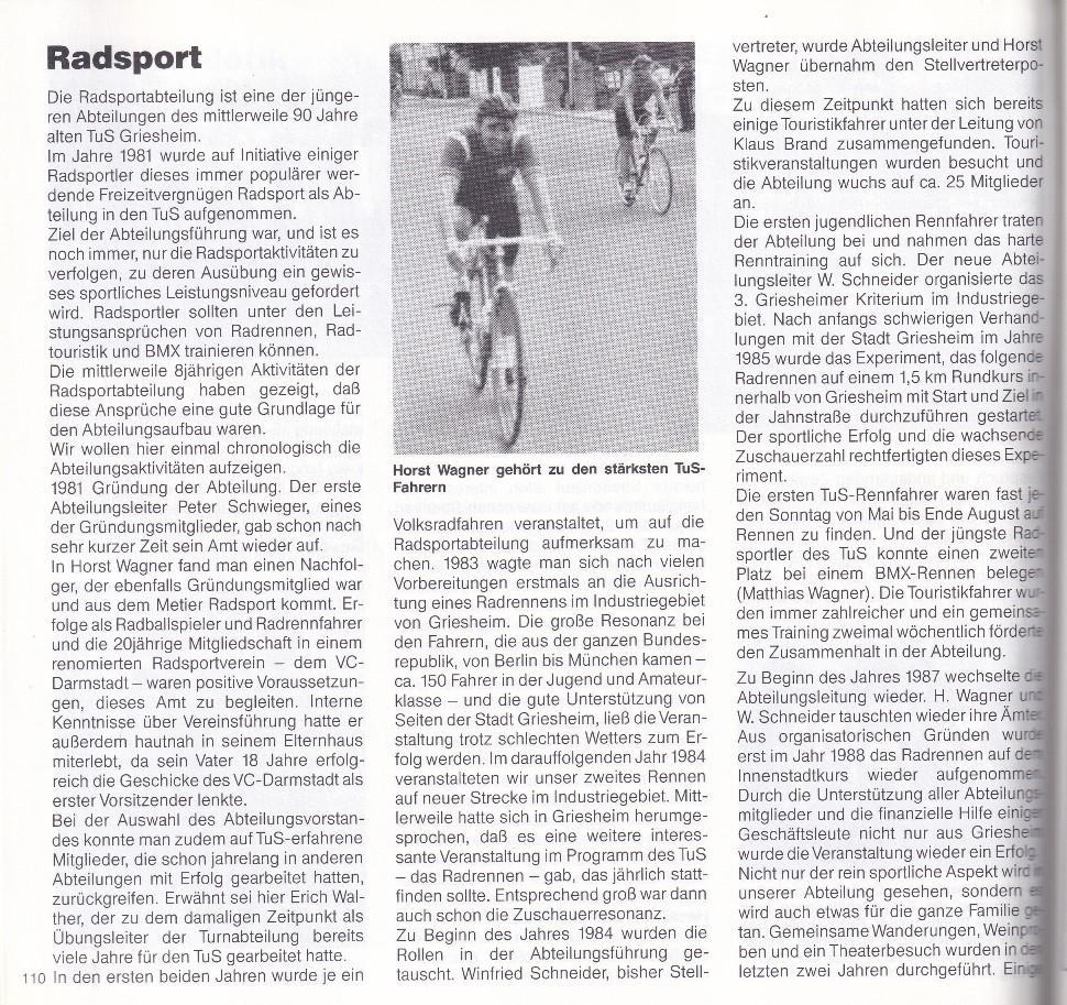 Artikel über die Radabteilung des TuS Griesheim mit Informationen zur Gründung, Aktivitäten und erfolgreichen Fahrern.