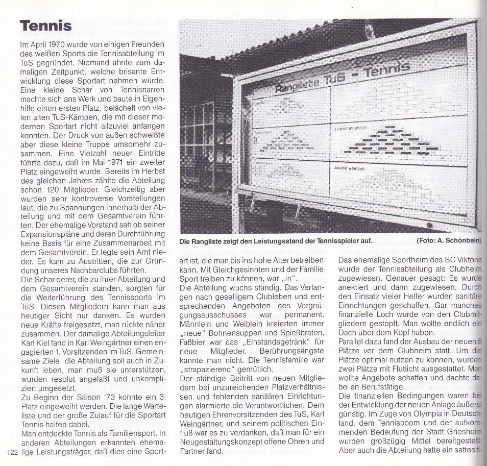 Tafel mit Rangliste der Tennisspieler des TuS, zeigt Leistungsverlauf in männlicher und weiblicher Kategorie.
