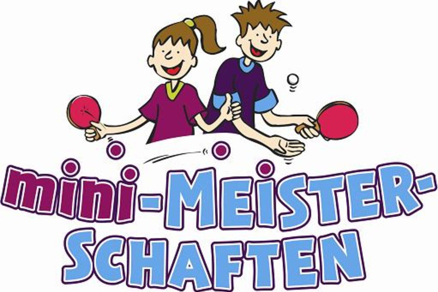Illustration von zwei Kindern, die Tischtennis spielen, mit dem Schriftzug „mini-Meisterschaften“ darunter.