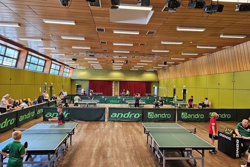 Tischtennishalle mit mehreren Tischen, Spielern und Zuschauern, grüne Banden und große Fenster im Hintergrund.