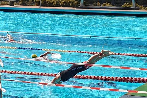Schwimmer springt ins Wasser eines Außenbeckens mit mehreren Bahnen unter klarem Himmel.