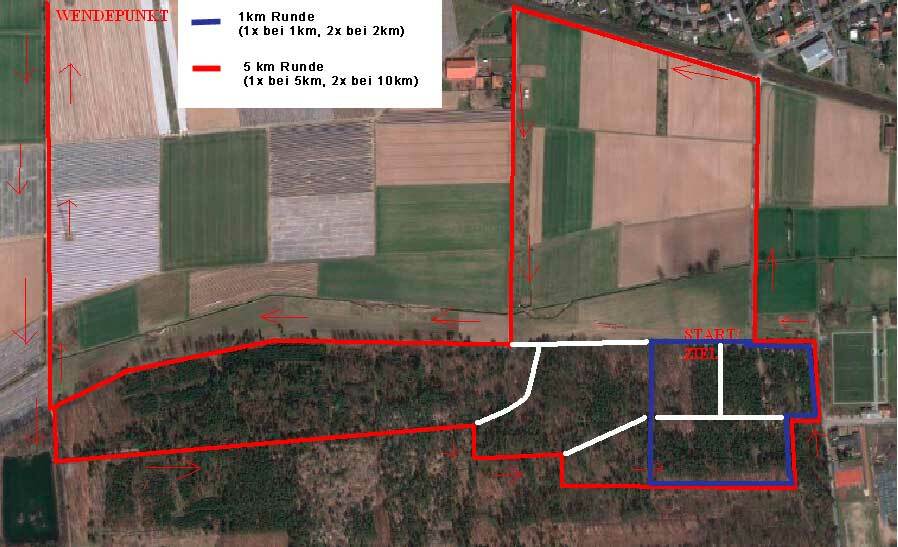 Kartenansicht eines Rundkurses für einen Lauf mit markierten 1 km und 5 km Strecken sowie Wendepunkten.