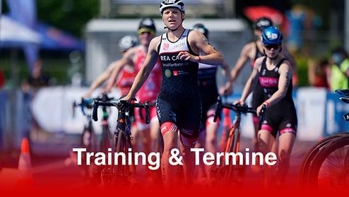 Triathletin mit Rennrad im Wettkampf, im Hintergrund weitere Sportlerinnen, überlagert von Text „Training & Termine“.